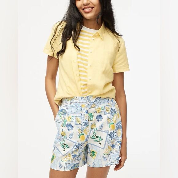 NWT J. Crew  Printed Elastic-back Linen Blend Pleated Shorts in Blue/Green - Picture 1 of 9
